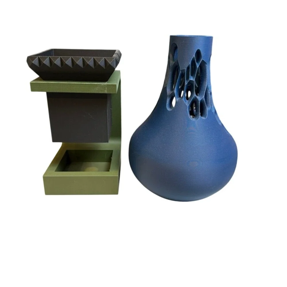 3D Printed Voronoi Vase & Geometric Planter Set Blue Green Brutalist Avant-Garde